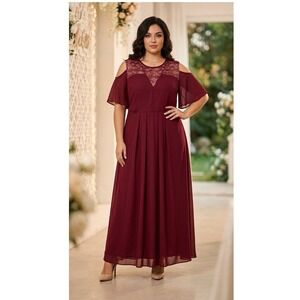 ASOS Maxi Dress Women 18 Burgundy Lace Cold Shoulder Curve Evening Gown